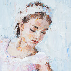 Little pretty ballerina in the pink dress on the white abstract background. Palette knife technique of oil painting and brush. © Mariia