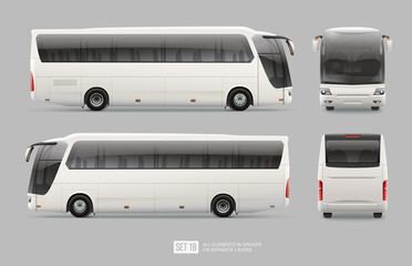 Passenger Coach bus template isolated on grey background for mockup design. Vector travel Bus for brand identity design. Side view realistic Bus template. Touristic passenger transport