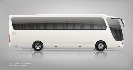Passenger Coach bus template isolated on grey background for mockup design. Vector travel Bus for brand identity design. Side view realistic Bus template. Touristic passenger transport © VRTX