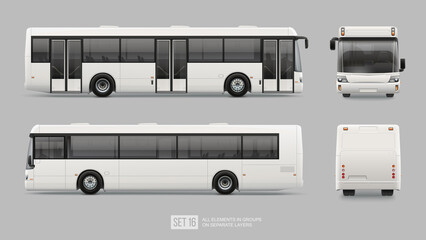 Long City Bus - Mockup template isolated on grey background. Passenger Bus for Branding identity and advertising design on transport . Blank side view, front, rear Low Floor City Bus © VRTX