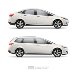 Realistic passenger Car Sedan isolated from white. Corporate Vehicle template for branding mockup and corporate identity on transport. Side view white passenger car