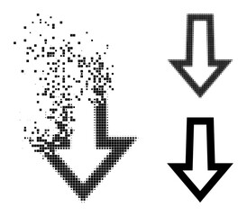 Dispersed dotted arrow down icon with wind effect, and halftone vector icon. Pixelated explosion effect for arrow down demonstrates speed and motion of cyberspace items.