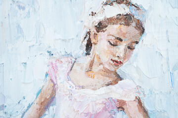 Little pretty ballerina in the pink dress on the white abstract background. Palette knife technique of oil painting and brush.