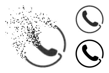 Dispersed dot phone pictogram with wind effect, and halftone vector pictogram. Pixelated transformation effect for phone demonstrates speed and movement of cyberspace objects.