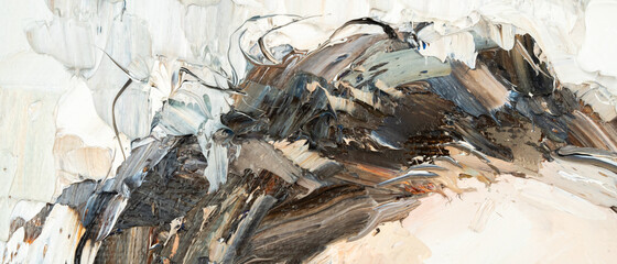 Embossed pasty oil paints and reliefs. Primary colors: ocher, white, brown, black.  Abstract art.