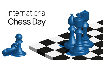 International Chess Day banner. Chess Pieces on the board vector illustration.
