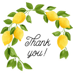 Watercolor lemons wreath and thank you tag. Botanical illustration.