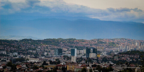 Fototapeta na wymiar Panoramic view of Sarajevo. Sarajevo buildings. Banner.