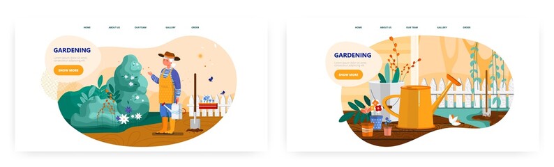 Gardening landing page design, website banner vector template set. Woman gardener caring for garden flower plants.