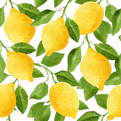 Bright yellow watercolor lemons pattern, isolated on white background. Botanical illustration.
