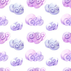 Watercolor cute seamless pattern with stars and clouds. Hand drawn collage illustration with abstract pastel clouds. 