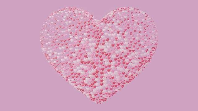 Groups of hearts emerges to form a heart shaped on pink background. 4K of 3d animation.