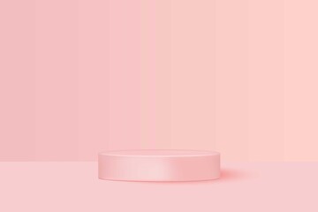 Naklejka na ściany i meble Minimalistic pink color round stage.Abstract realistic cylindrical podium on pastel background.