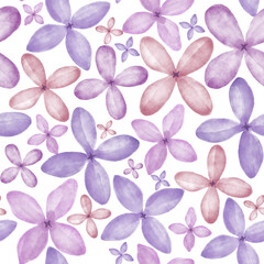 Watercolor Seamless Flower Pattern with purple lilac. Floral hand painted Background for wrapping paper or fabric design