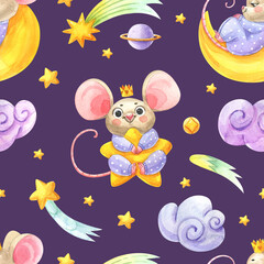 Seamless pattern with watercolor cute white mouses and night sky. Good kids room interior wallpaper, fabric textile, wrap packaging paper, web site background design.