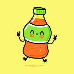Cute funny bottle of soda character. Vector hand drawn cartoon kawaii character illustration icon. Isolated on blue background. Bottle of soda character concept