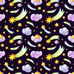 Watercolor cute seamless pattern with stars and clouds. Hand drawn collage illustration with stars, comets, abstract pastel. 