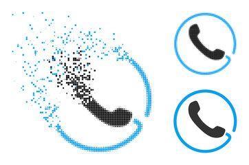 Fractured pixelated phone glyph with destruction effect, and halftone vector icon. Pixel destruction effect for phone demonstrates speed and movement of cyberspace abstractions.