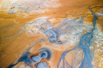 Aerial view of geothermal activity on lava field in Iceland Myvatn area