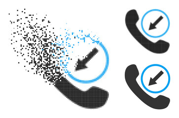 Erosion pixelated incoming call pictogram with wind effect, and halftone vector icon. Pixelated erosion effect for incoming call gives speed and movement of cyberspace abstractions.