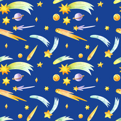 Watercolor cute seamless pattern with stars and clouds. Hand drawn collage illustration with stars, comets, abstract pastel. 
