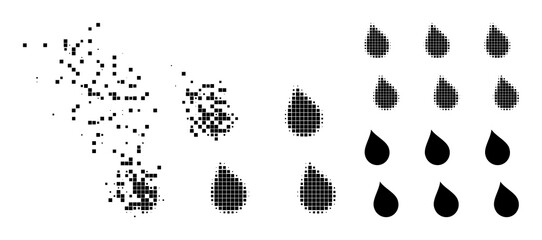 Shredded dot drops icon with destruction effect, and halftone vector icon. Pixel destruction effect for drops demonstrates speed and motion of cyberspace items.