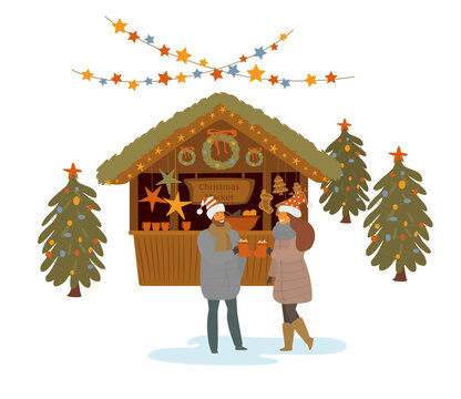 man and woman drinking hot mulled wine at christmas market, isolated vector illustration scene