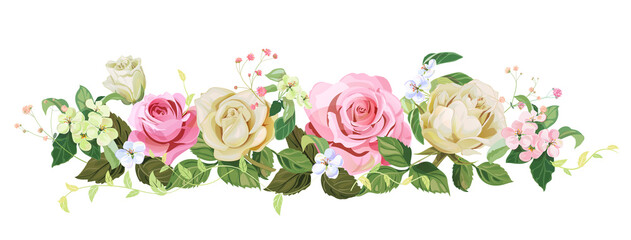 Panoramic view: bouquet of roses, spring blossom. Horizontal border: pink, mauve, white flowers, buds, green leaves on light background. Digital draw illustration in watercolor style, vintage, vector © analgin12
