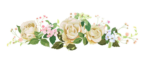 Panoramic view: bouquet of roses, spring blossom. Horizontal border: pink, mauve, white flowers, buds, green leaves on light background. Digital draw illustration in watercolor style, vintage, vector © analgin12