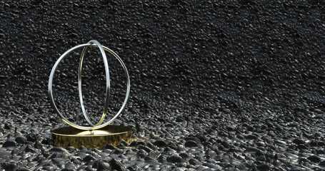 Round podium gold on the curved black gravel  background. 3D illustration.