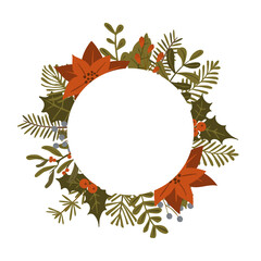 merry christmas winter foliage plants, poinsettia flowers leaves branches, red berries circle round frame template, isolated vector illustration background