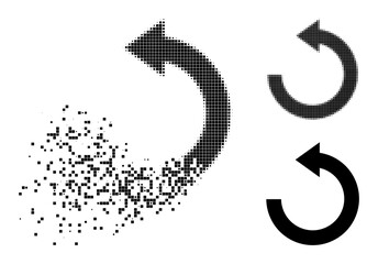 Dissolved dotted rotate left glyph with destruction effect, and halftone vector composition. Pixelated destruction effect for rotate left gives speed and motion of cyberspace abstractions.
