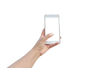 Woman Hand holding smart phone blank screen. Copy space. Hand holding smartphone isolated on white background with clipping path.