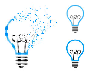 Disappearing dot lamp bulb icon with wind effect, and halftone vector icon. Pixel dissipation effect for lamp bulb shows speed and motion of cyberspace items.