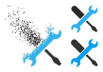 Dissipated pixelated tuning pictogram with destruction effect, and halftone vector symbol. Pixelated abrasion effect for tuning shows speed and movement of cyberspace abstractions.