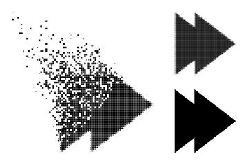 Burst pixelated move right pictogram with destruction effect, and halftone vector pictogram. Pixel destruction effect for move right gives speed and motion of cyberspace matter.