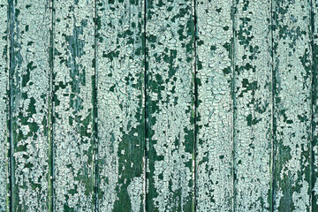 Old wooden fence with peeled paint, creative background.