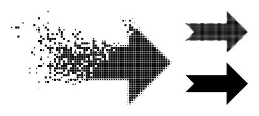 Dispersed pixelated arrow right glyph with destruction effect, and halftone vector icon. Pixelated abrasion effect for arrow right reproduces speed and motion of cyberspace objects.