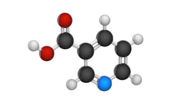 Vitamin B3(Nicotinamide). Also known as nicotinic acid. 3D illustration. Chemical structure model: Ball and Stick. White background. Seamless loop.