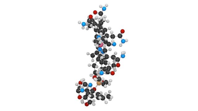 Chemical structure of Vitamin B12 (cyanocobalamin). Formula: C63H88CoN14O14P. 3D render. Seamless loop. Chemical structure model: Ball and Stick.