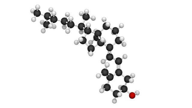 Chemical structure of Vitamin D2 (Ergocalciferol). Also known as viosterol. Formula: C28H44O. 3D render. Seamless loop. Chemical structure model: Ball and Stick. White background.