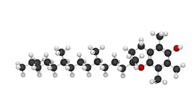Chemical structure of Vitamin E (alpha-Tocopherol). Formula: C29H50O2. 3D render. Seamless loop. Chemical structure model: Ball and Stick. White background.