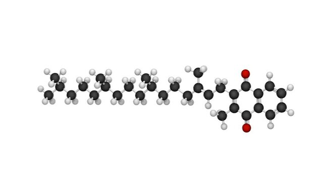 Chemical structure of Vitamin K (Phylloquinone). Formula: C31H46O2. 3D render. Seamless loop. Chemical structure model: Ball and Stick. White background.