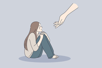 Psychotherapy psychological support concept. Young sad depressed woman sitting getting help and cure from stress feeling lonely and unhappy vector illustration 