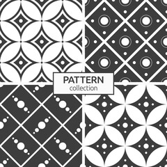 Set of four seamless rhombuses tiles patterns. Geometric backgrounds. Repeating geometric rhombuses tiles with dots, rounded shapes. Ancient floor tiles. Vector black and white backgrounds.