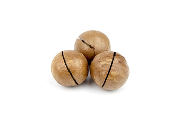 Roasted macadamia nuts isolated on white background. Three unshelled macadamia nuts