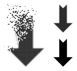 Dissipated dot arrow down icon with wind effect, and halftone vector icon. Pixelated dissolution effect for arrow down gives speed and motion of cyberspace concepts.