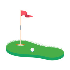 Colorful golf design icon. Green field with grass, red flag, ball, hole on white background. Flat vector illustration.