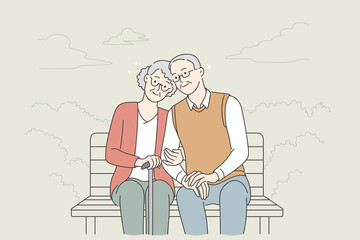 Happy senior people lifestyle concept. Smiling aged mature couple relaxing in park, sitting on bench, holding hands enjoying leisure time outdoors vector illustration 