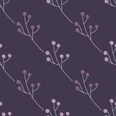 Organic nature seamless pattern with diagonal berries ornament. Purple background. Decorative print.